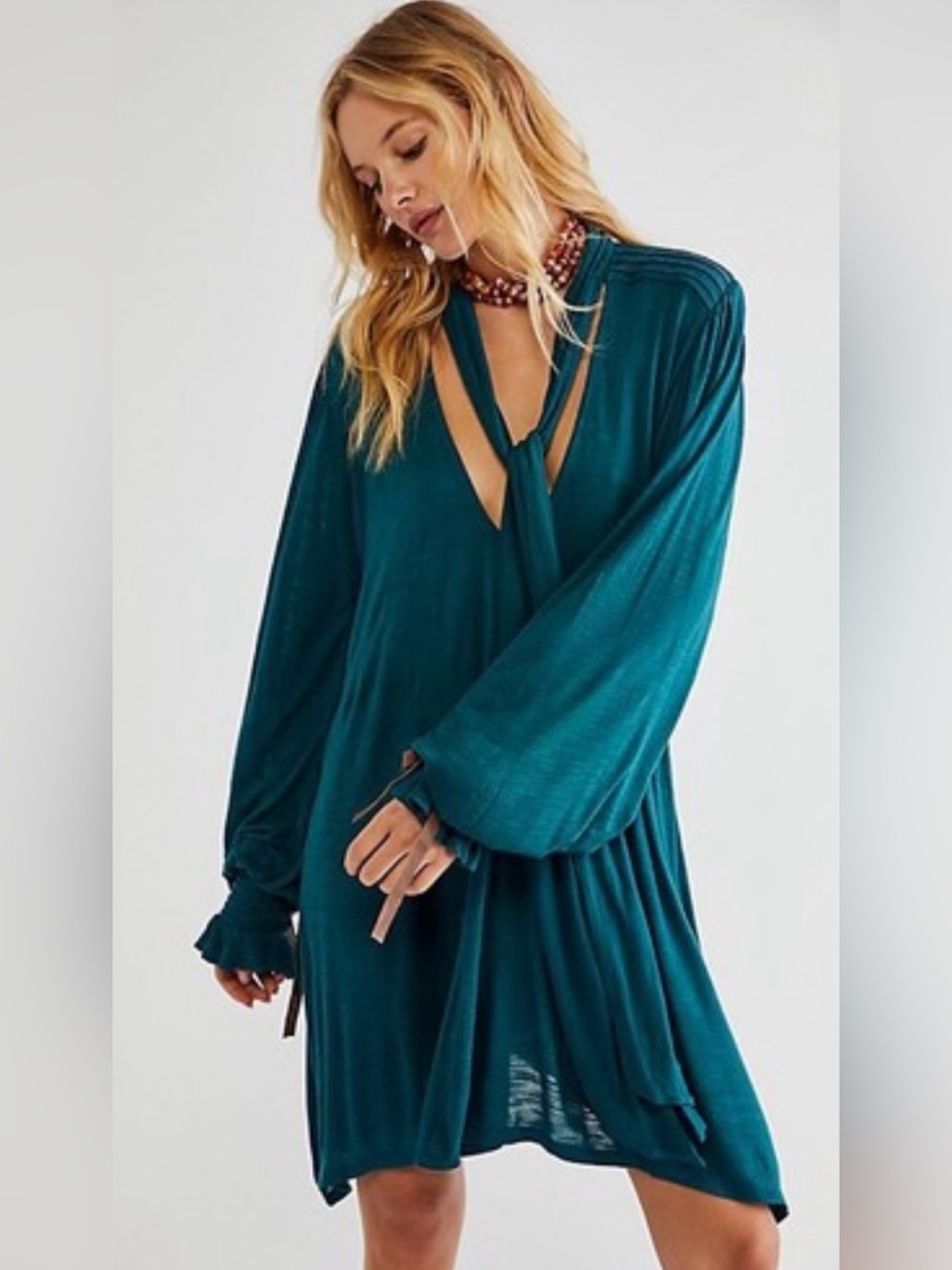 Free People bell sleeve dress teal fall boho bohemian peasant XL